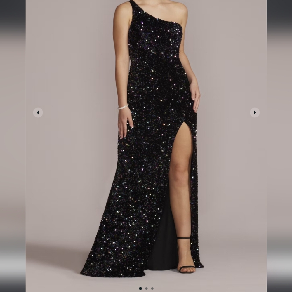 David's Bridal One-Shoulder Black Sequin Prom Dress with High Slit